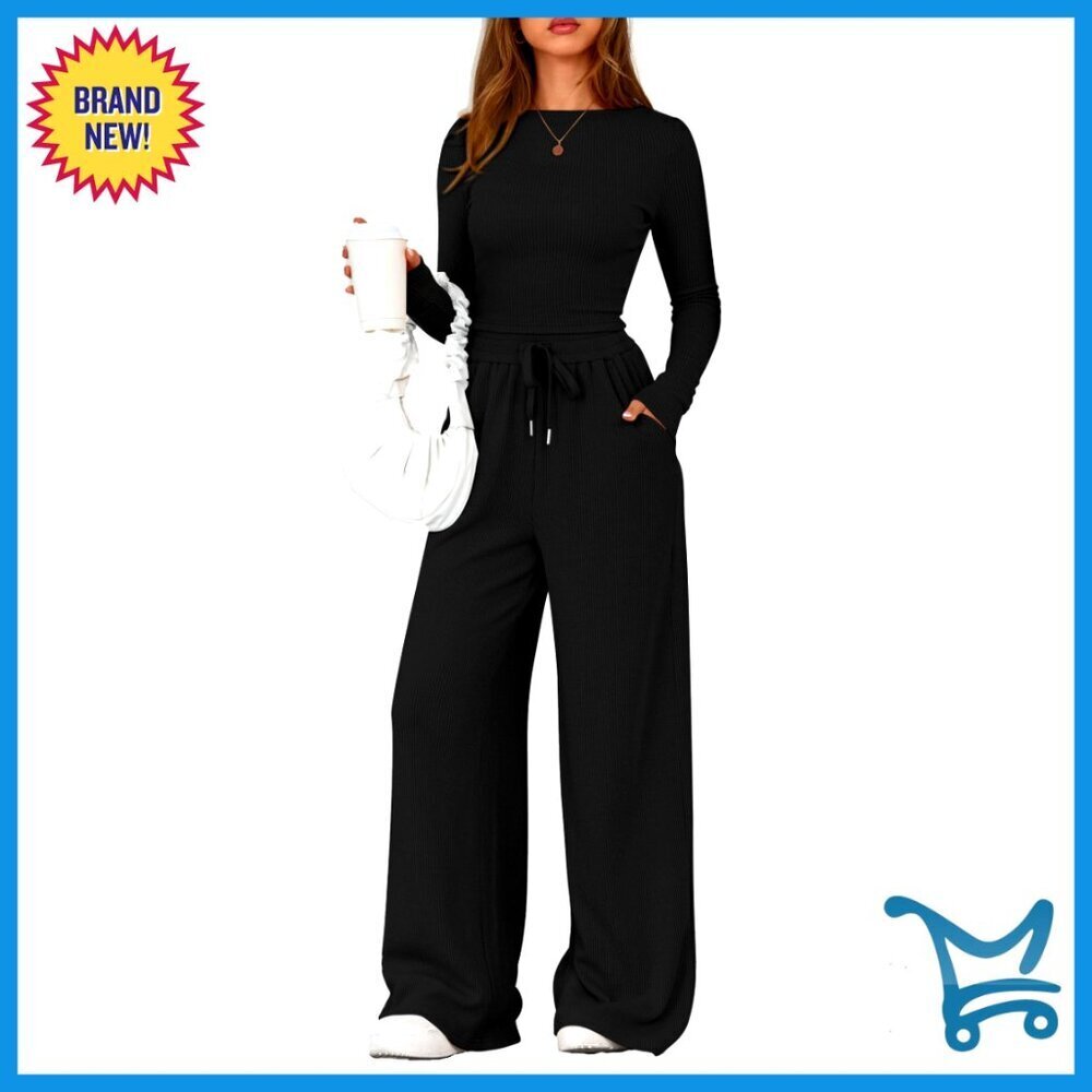 Long Sleeve Crop Top Wide Leg Pants 2 Piece Lounge Set Chic Comfy Travel